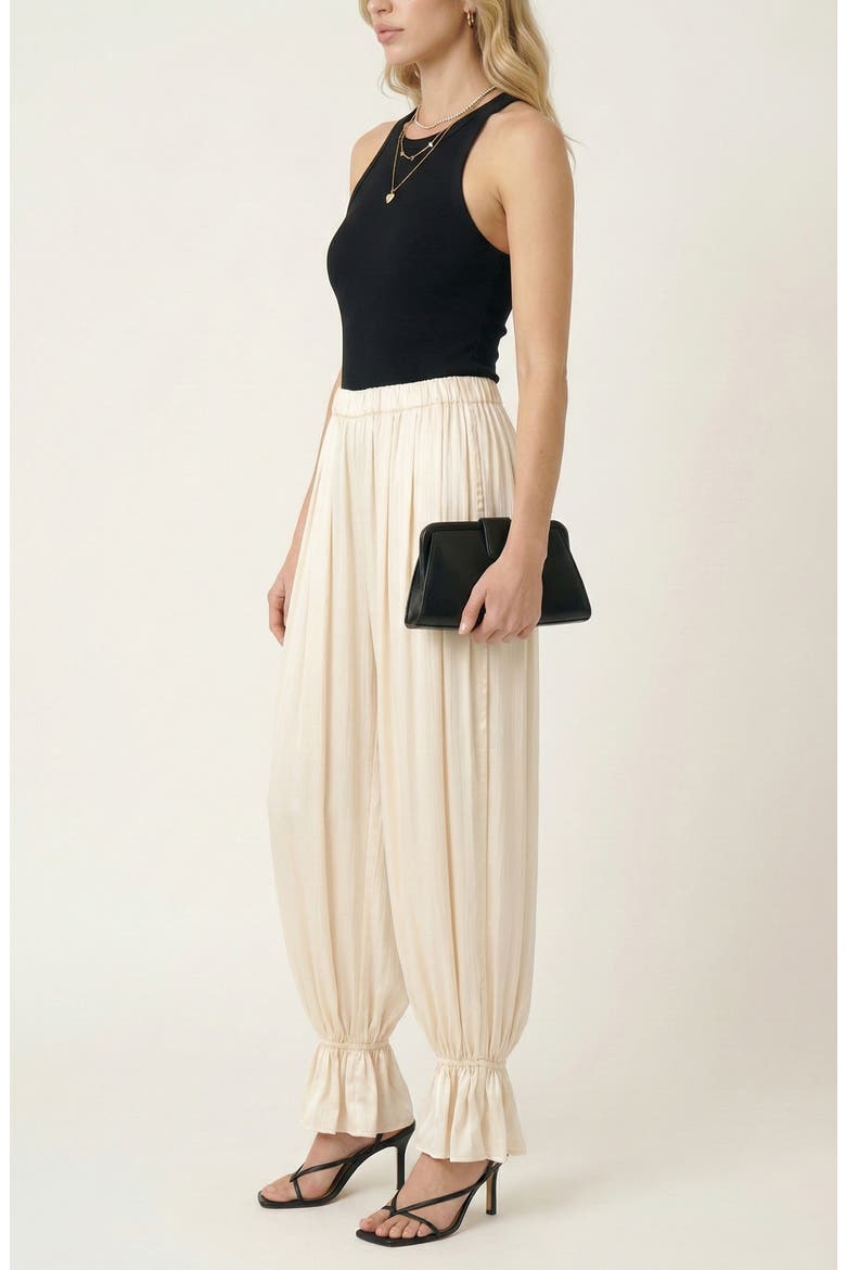 Pleated Pull On Pants with Elastic Waist Ruffled Ankle Hem, Alternate, color, Off-White
