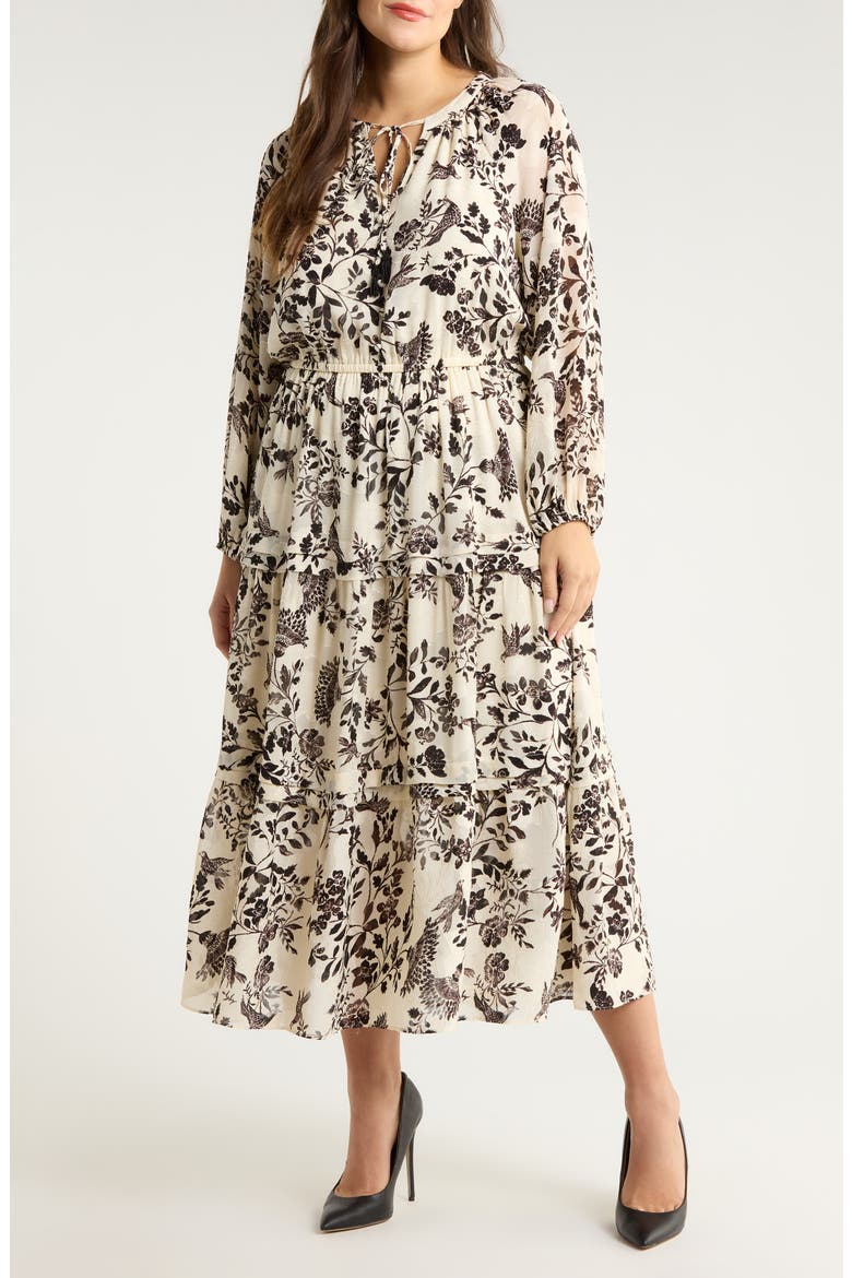 Floral Print Long Sleeve Dress, Main, color, SWAN WHITE/ ANNE BLACK