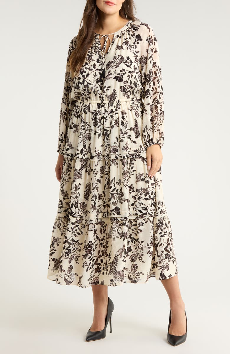 Anne Klein Floral Print Long Sleeve Dress, Main, color, Swan White/ Anne Black