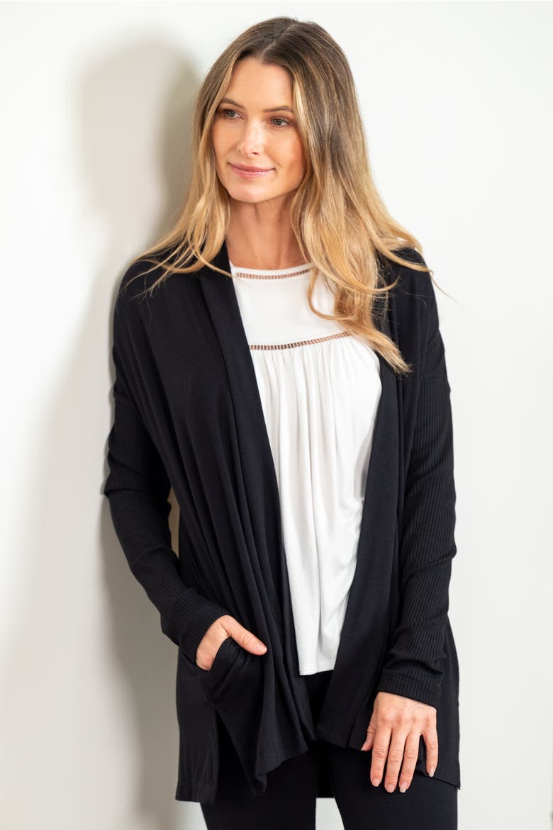 BFF Open Front Lightweight Pocketed Cardigan, Main, color, Black