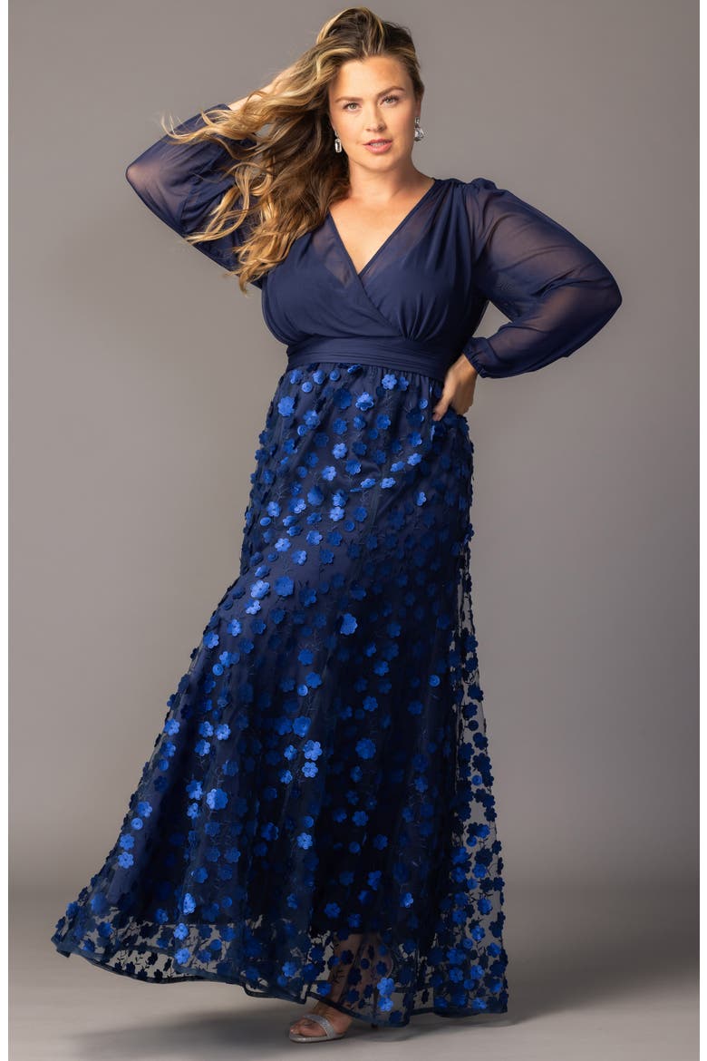 Blossoming Beauty Long Sleeve Mesh Evening Gown, Alternate, color, NAVY BLOSSOMS