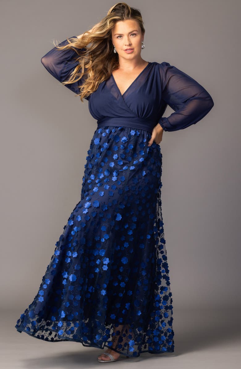 Kiyonna Blossoming Beauty Long Sleeve Mesh Evening Gown, Alternate, color, Navy Blossoms