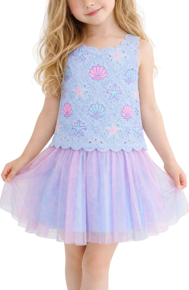 Zunie Kids' Crochet Seashell Sleeveles Top & Tulle Skirt Set, Alternate, color, Blue