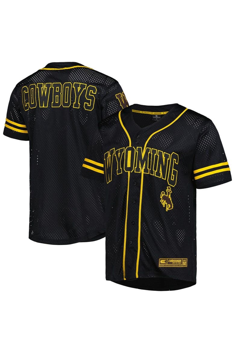 Men's Colosseum Black Wyoming Cowboys Free Spirited Mesh Button-Up Baseball Jersey, Main, color, Black
