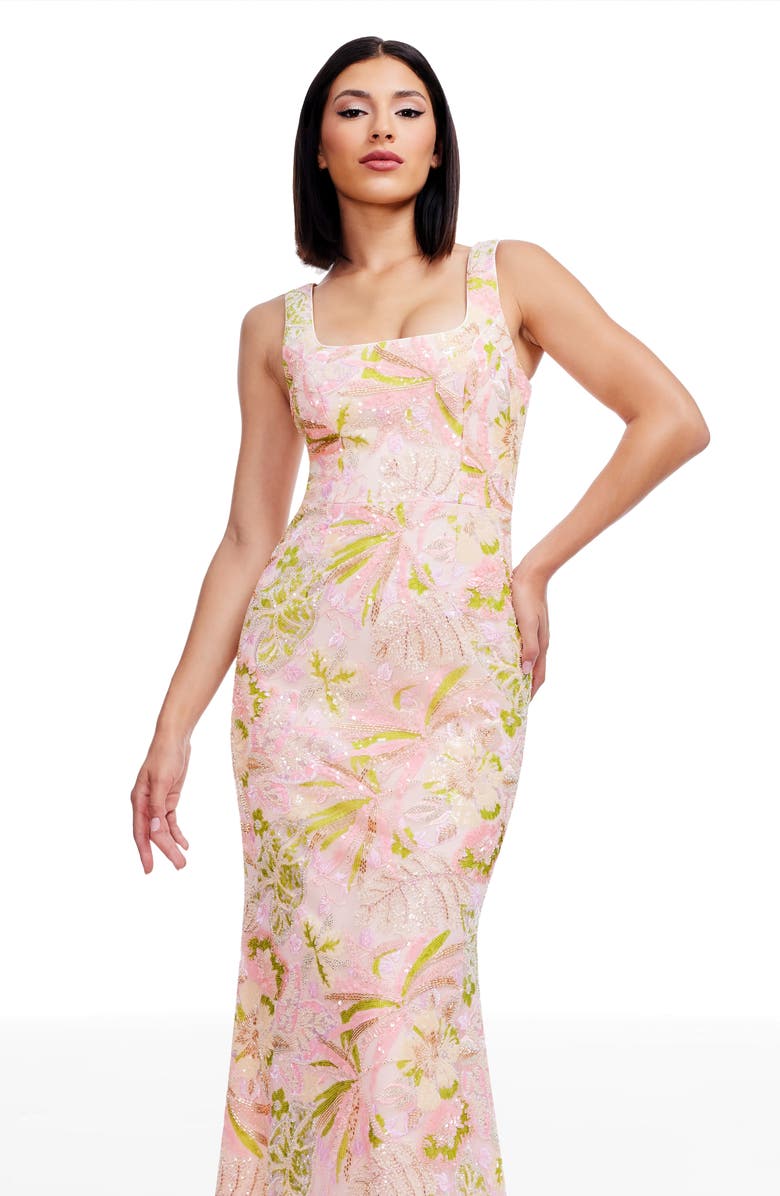 Dress the Population Tyra Beaded Sequin Floral Chiffon Gown, Alternate, color, Soft Pink Multi