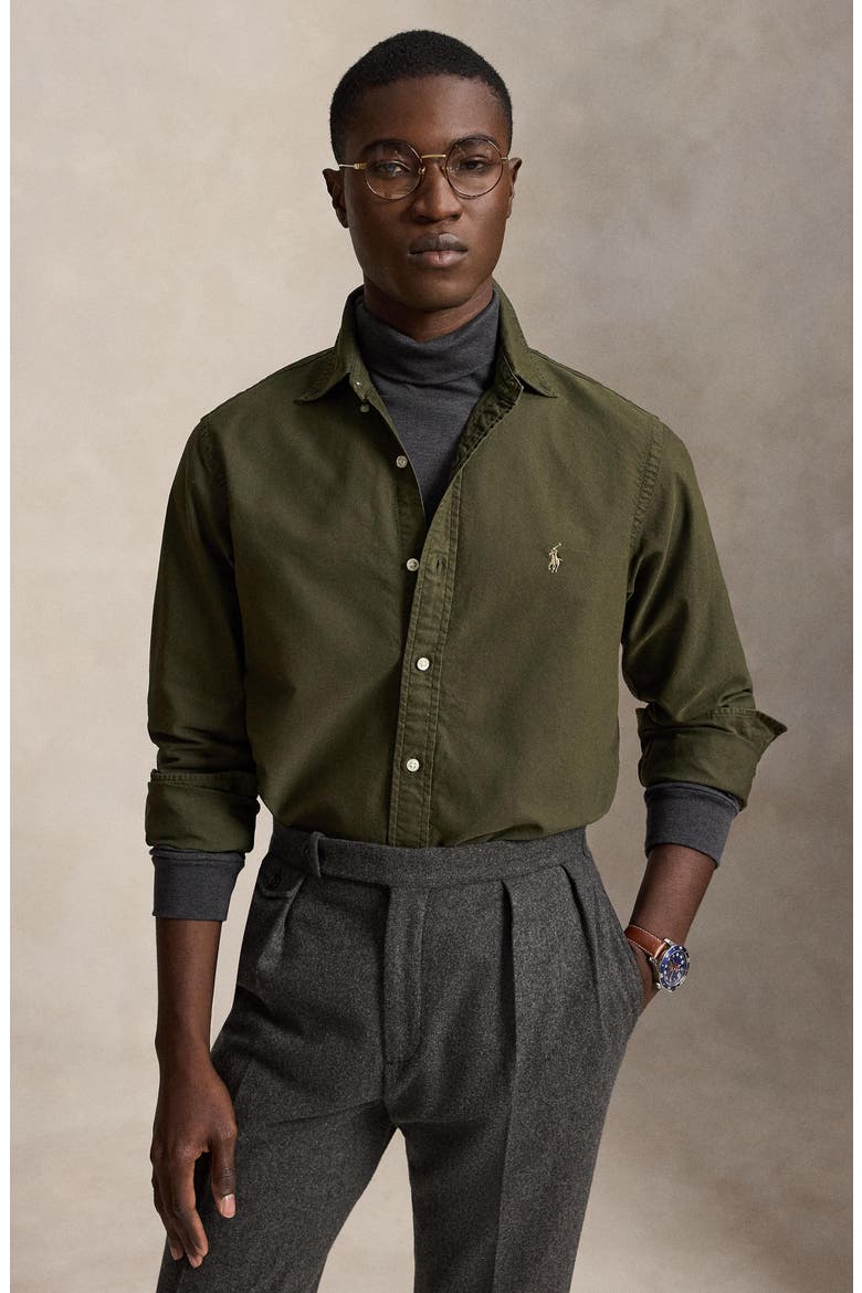 Garment-Dyed Long Sleeve Oxford Shirt, Alternate, color, COMPNY OLV