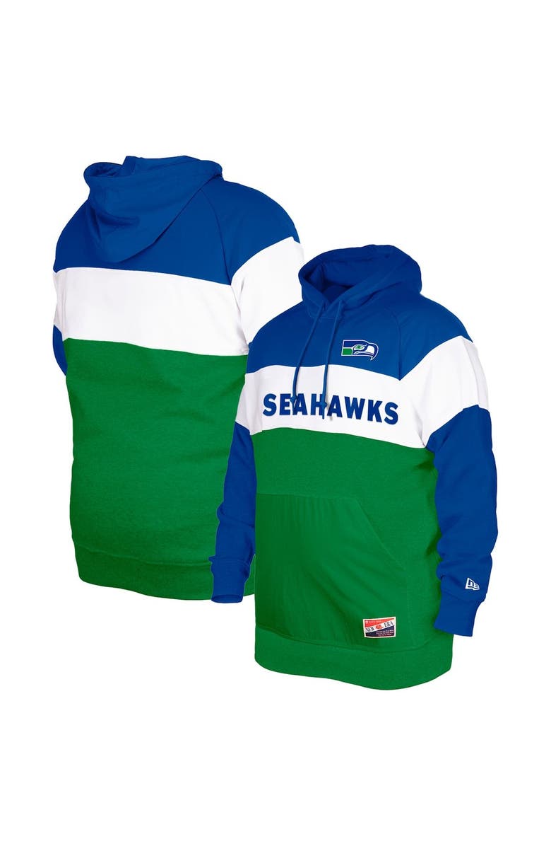 New Era Men's New Era Navy Seattle Seahawks Big & Tall Throwback Colorblock Pullover Hoodie, Main, color, 