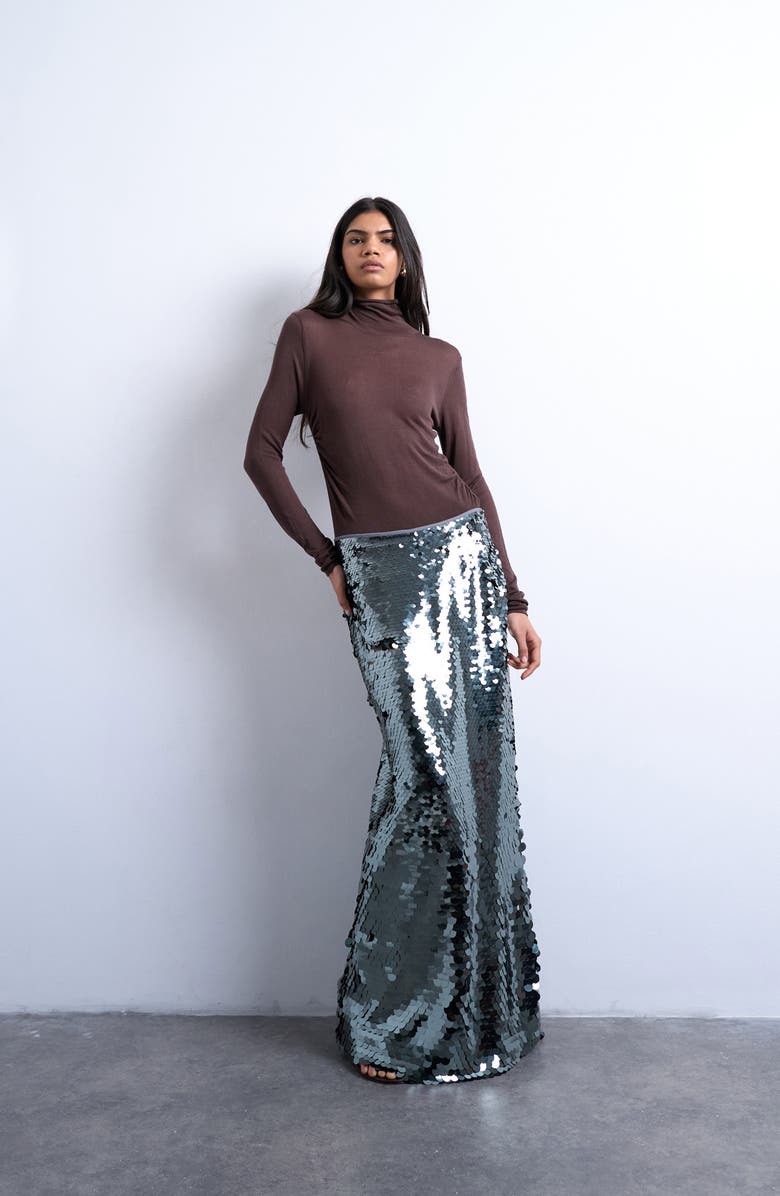 Topshop Sequin Column Maxi Skirt, Alternate, color, Dark Green