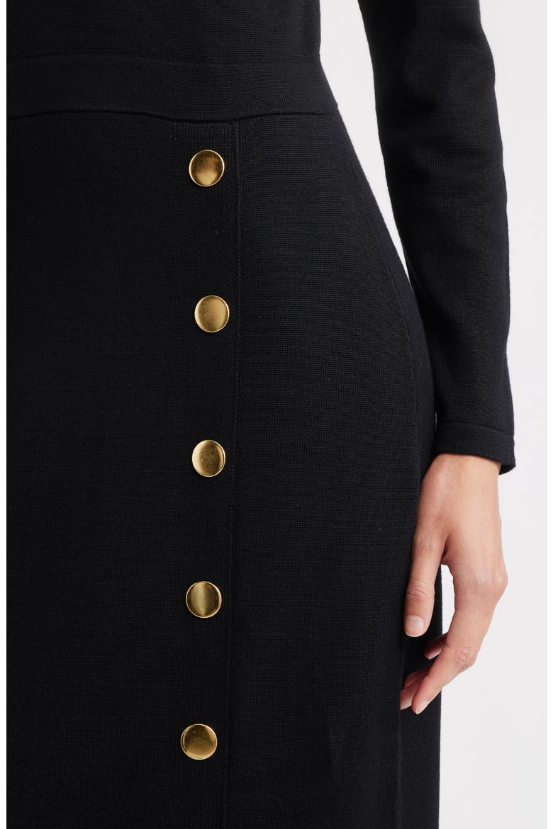 Button Mock Neck Long Sleeve Midi Dress, Alternate, color, BLACK