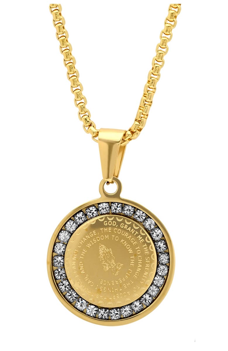 STEELTIME 18K Gold Plated Serenity Prayer & Simulated Diamond Round Pendant Necklace, Main, color, Yellow