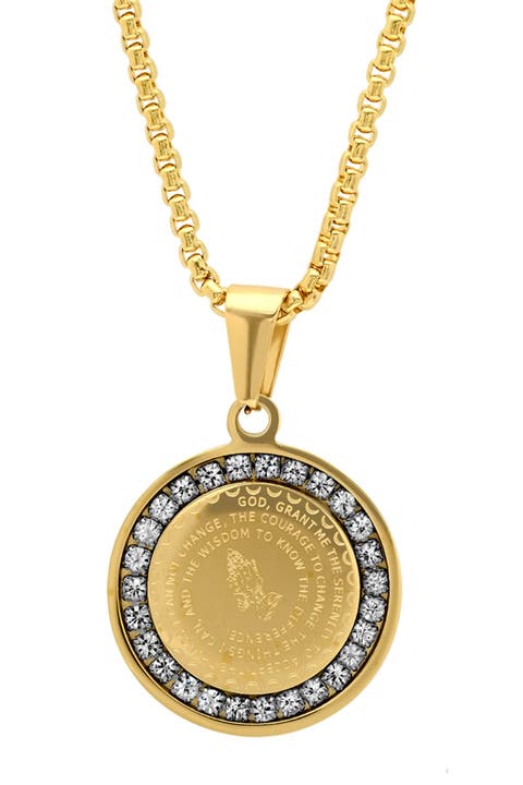 18K Gold Plated Serenity Prayer & Simulated Diamond Round Pendant Necklace