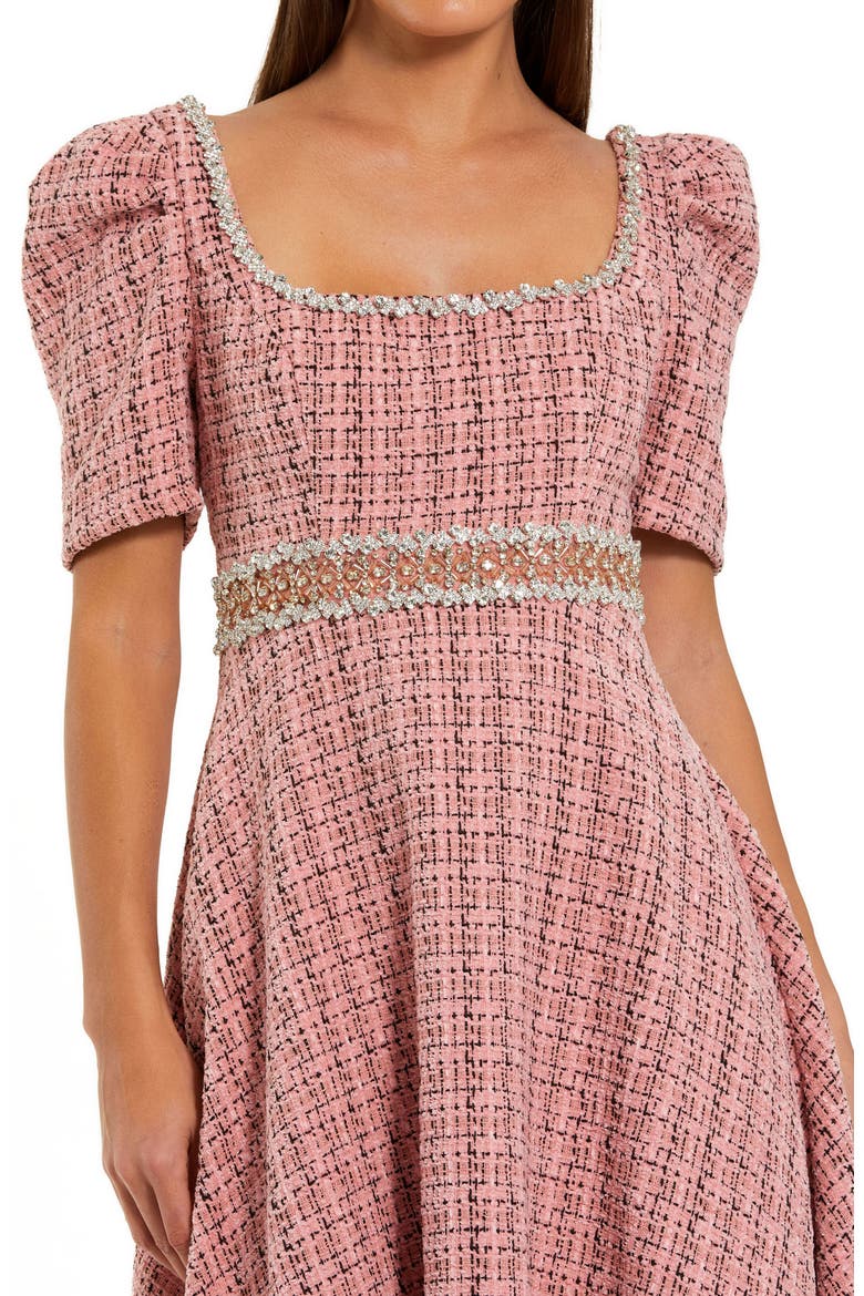 Puff Sleeve Boucle Midi Dress With Beaded Belt, Alternate, color, Pink Multi