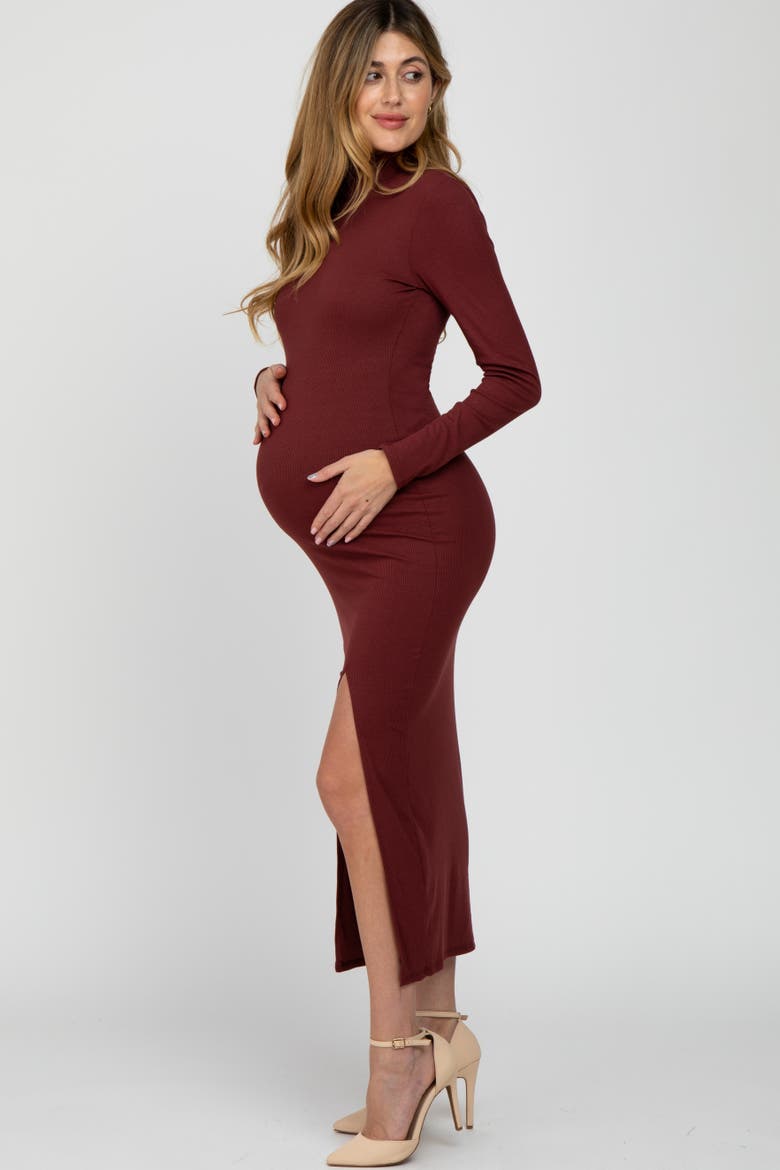 Ribbed Mock Neck Side Slit Maxi Dress, Alternate, color, Burgundy