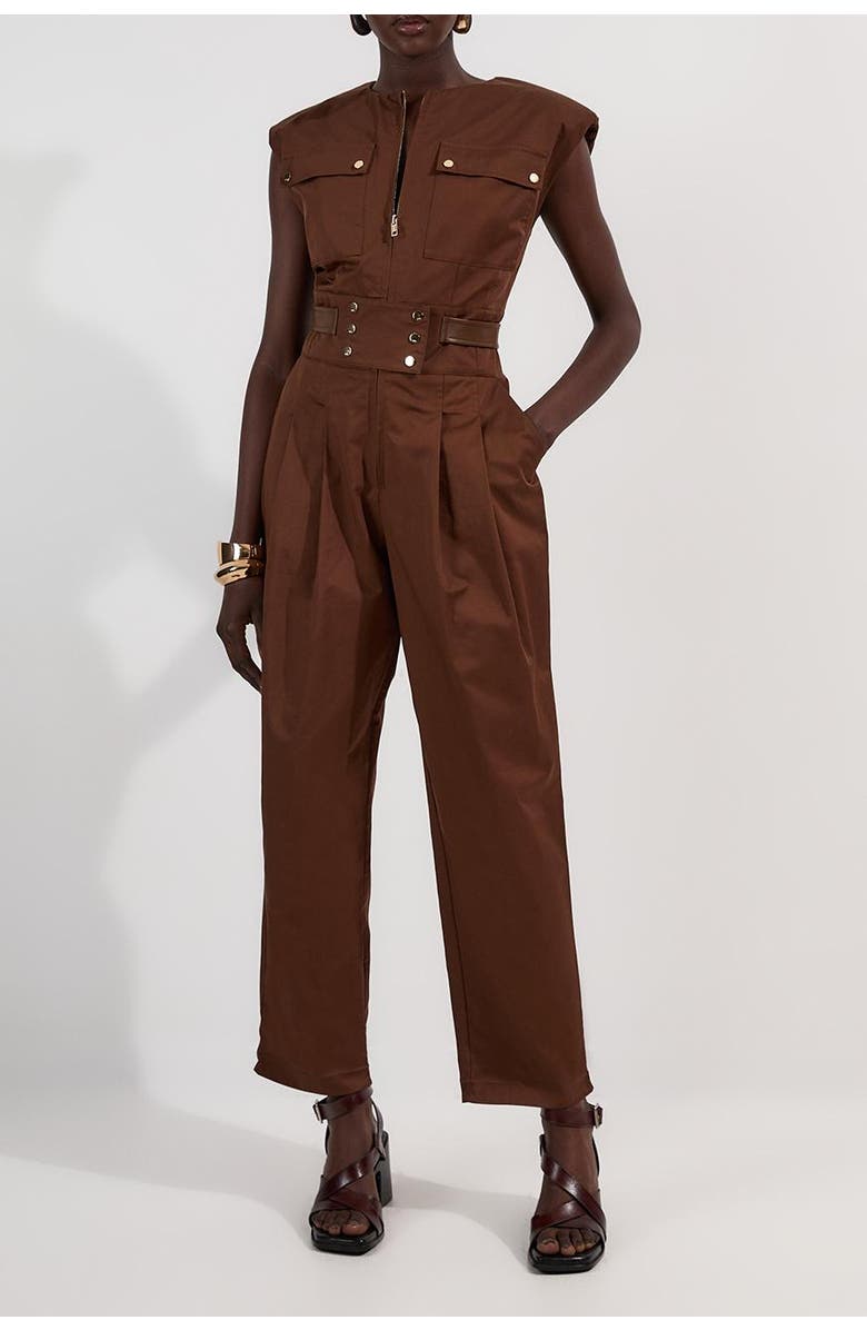 Karen Millen Cotton & Faux Leather Utility Jumpsuit, Alternate, color, Chocolate
