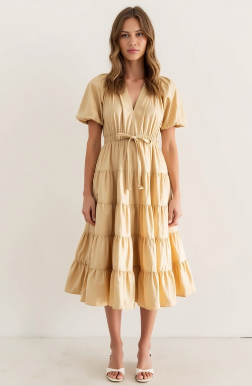 Modenaire Tiered Midi Dress With Puff Sleeves And Tie Waist In Yellow