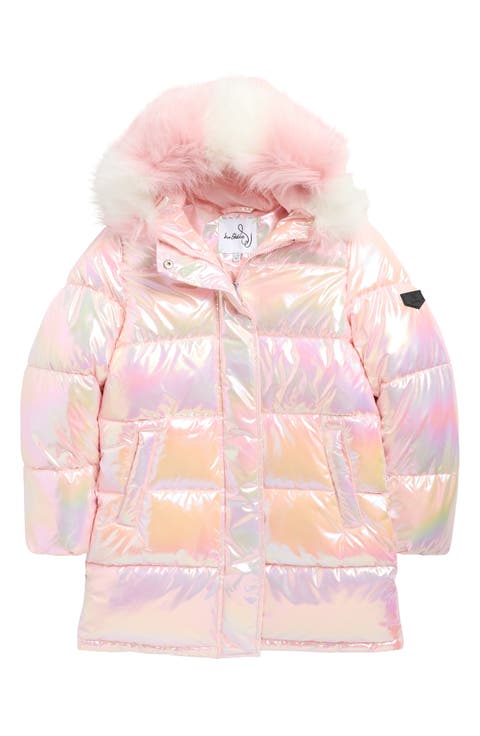 Kids' Iridescent Longline Faux Fur Hooded Puffer Jacket (Toddler & Little Kid)