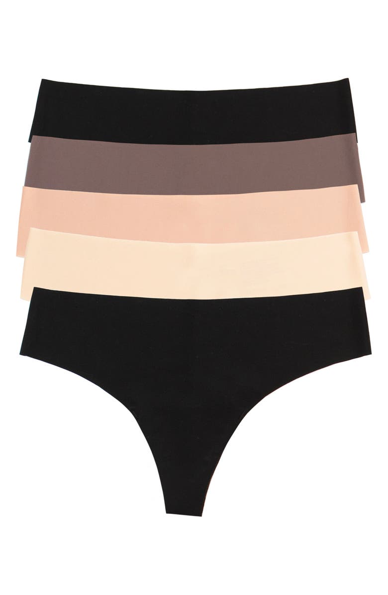 Felina Hint of Skin Assorted 5-Pack Thongs, Alternate, color, Black/ Misty Rose/ Black