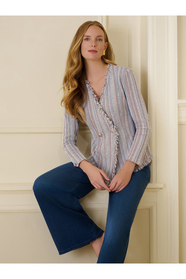 Asymmetrical Fringe Trim Knit Jacket, Alternate, color, Biscotti/Powder Blue