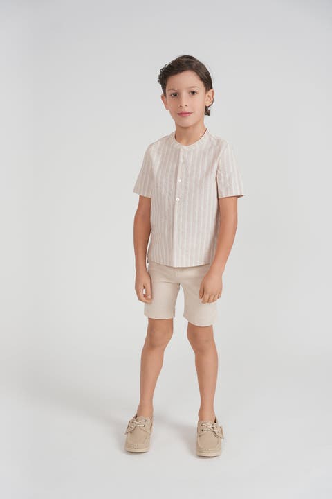 Boys 100% Cotton Striped Short Sleeve Shirt - Brick/Natural