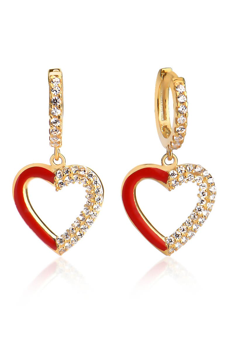14k Yellow Gold Vermeil Red French Enamel and Pave Heart Earrings, Main, color, GOLD