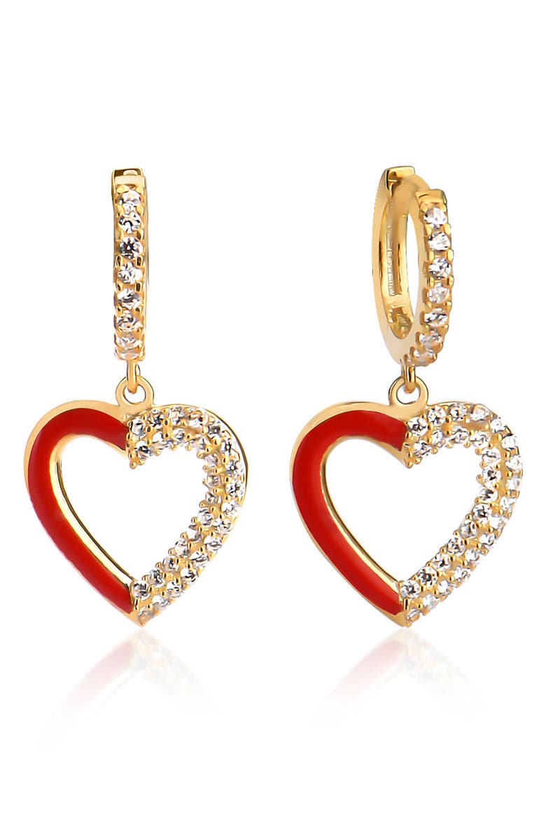GABI RIELLE 14k Yellow Gold Vermeil Red French Enamel and Pave Heart Earrings, Main, color, 