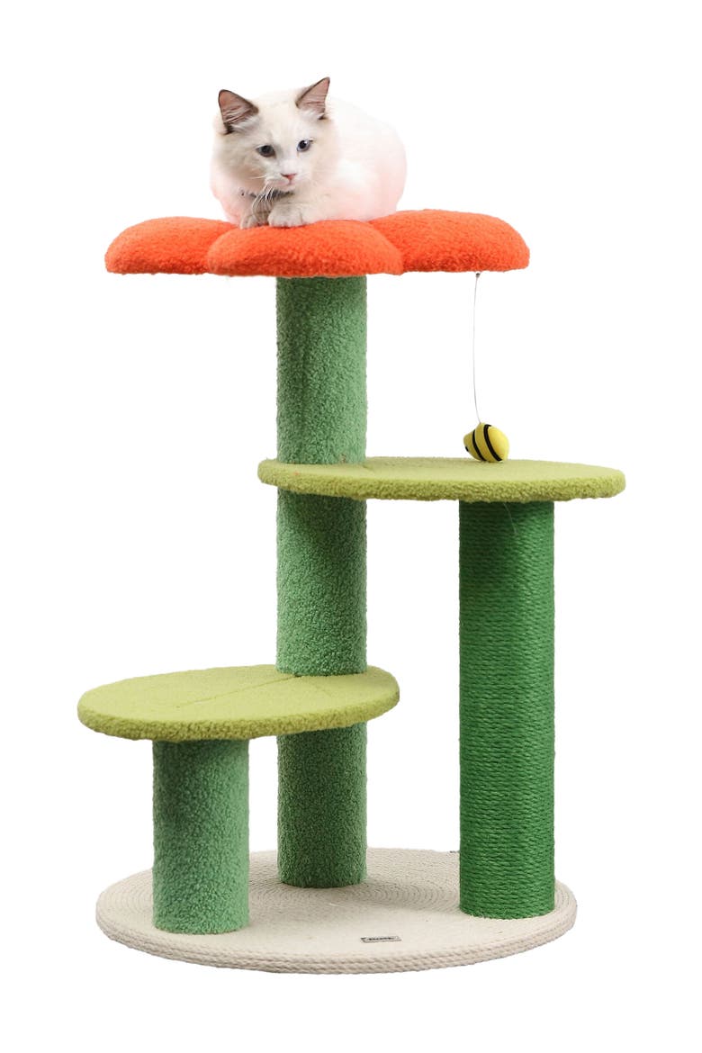 Poppy 3-Tier Modern Jute Flower Cat Tree with Dangling Toy, Main, color, Orange/Green