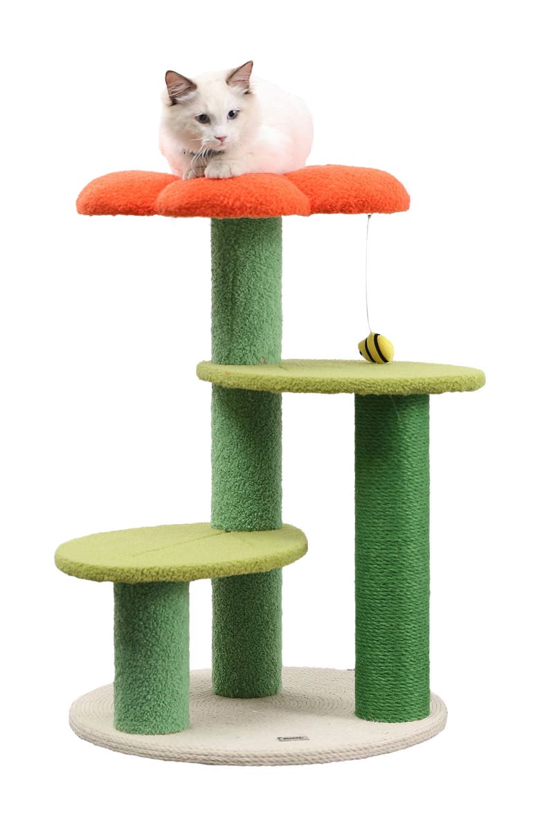 The Licker Store Poppy 29" 3-Tier Modern Jute Flower Cat Tree with Dangling Toy, Main, color, Orange/Green