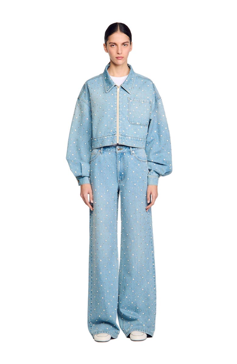 SANDRO Beaded and rhinestone denim jacket, Alternate, color,