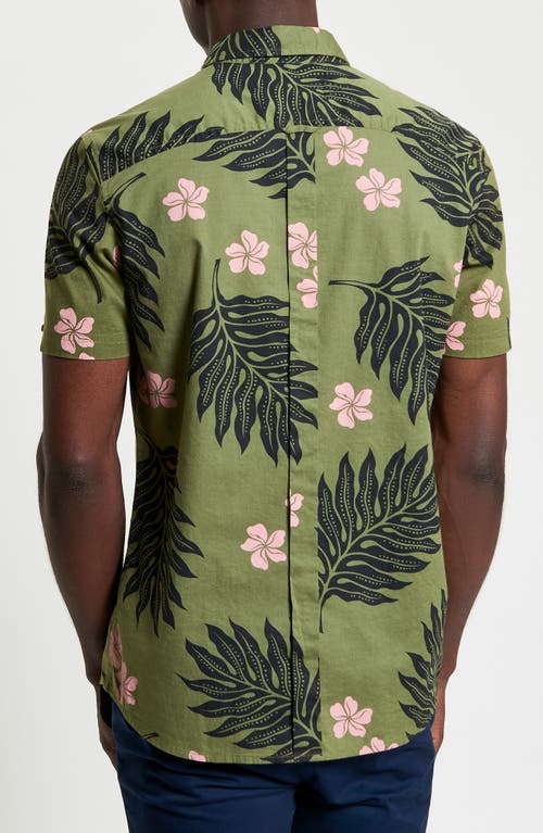 Ben Sherman Leaf Print Short Sleeve Cotton Button-up Shirt In Olive