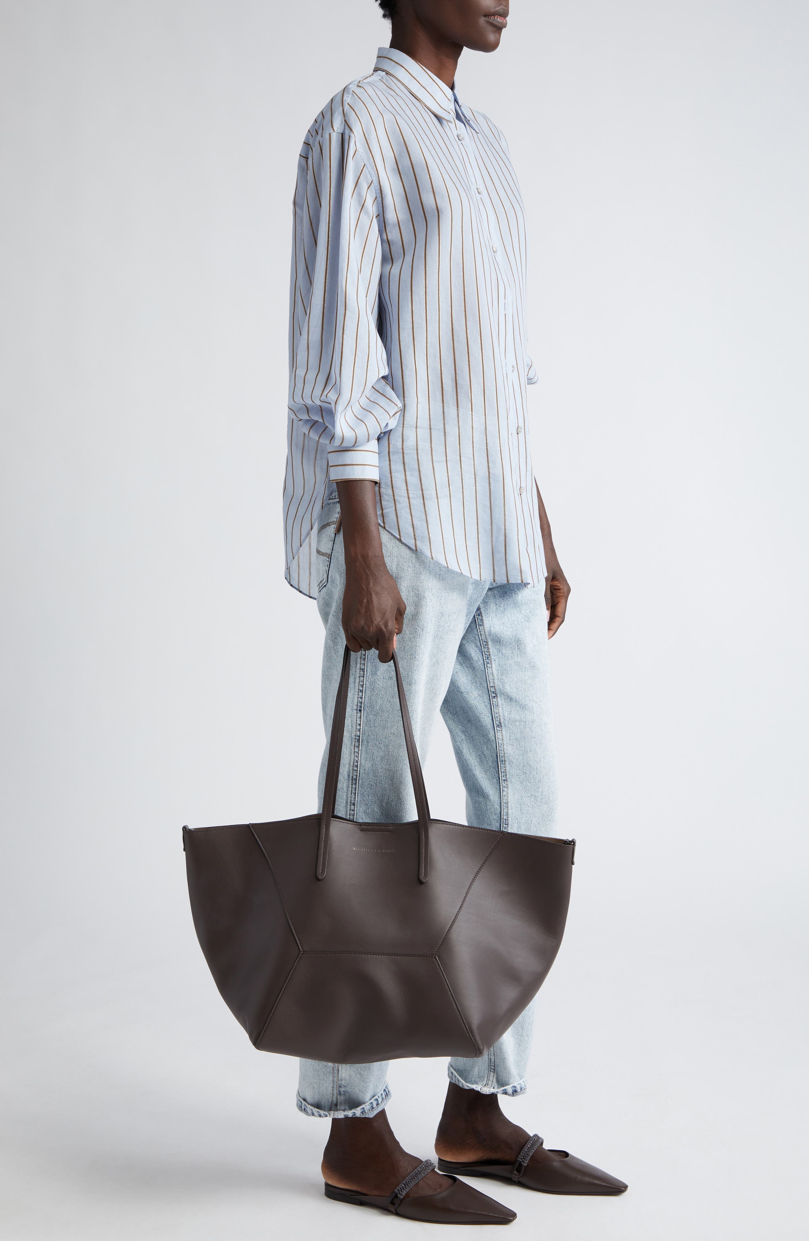 Brunello Cucinelli Monili Trim Leather Tote, Alternate, color, 