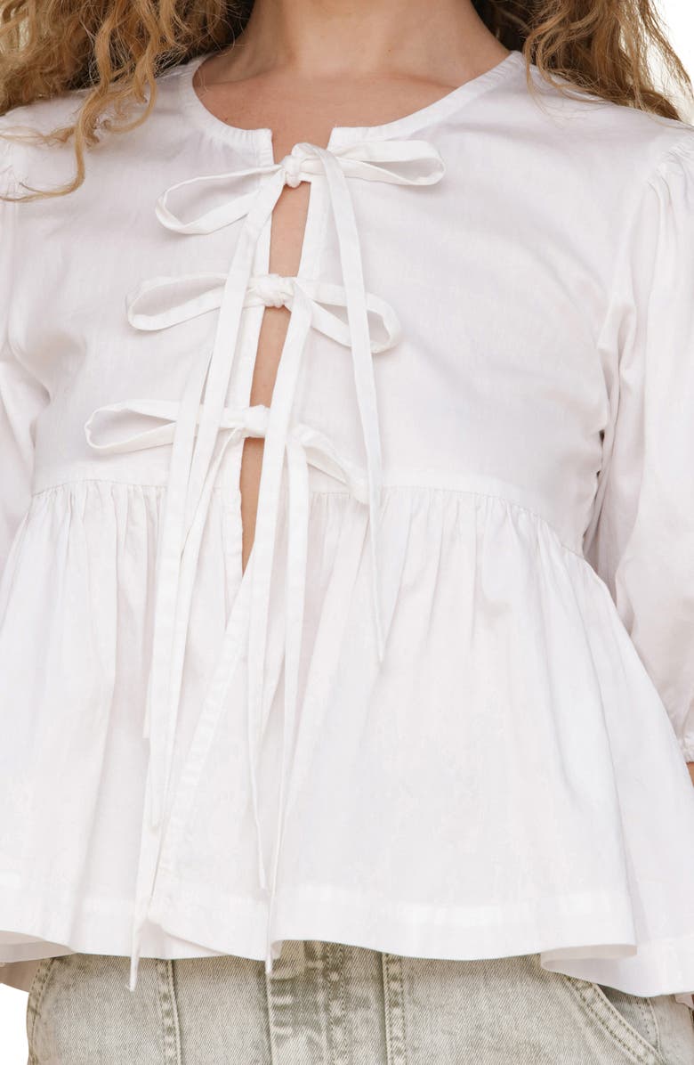 Avec Les Filles Tie Front Puff Sleeve Cotton Top, Alternate, color, White
