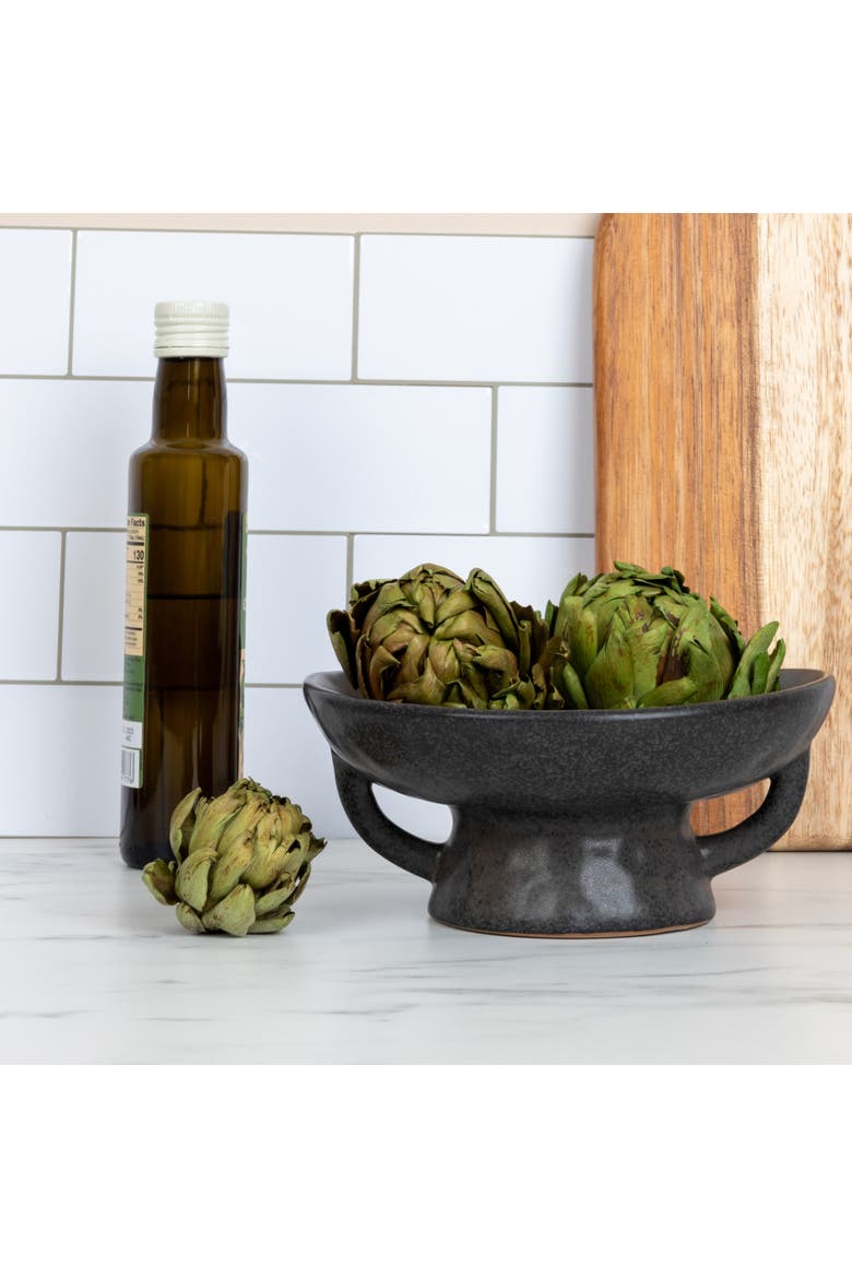 Stoneware Bowl with Handle and Base, Black Reactive Glaze, Alternate, color, Black