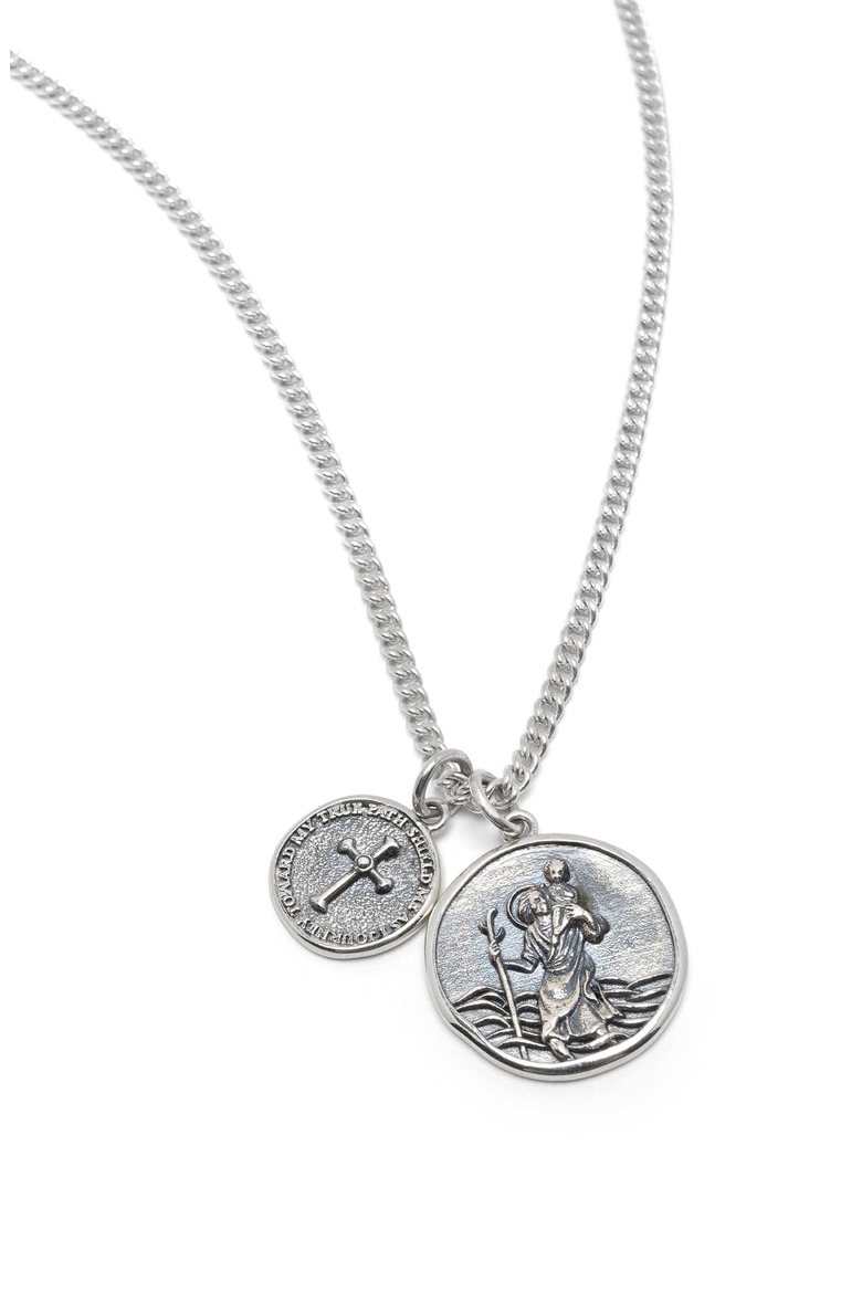 Saint Christopher Double Medallion Necklace, Main, color, Sterling Silver