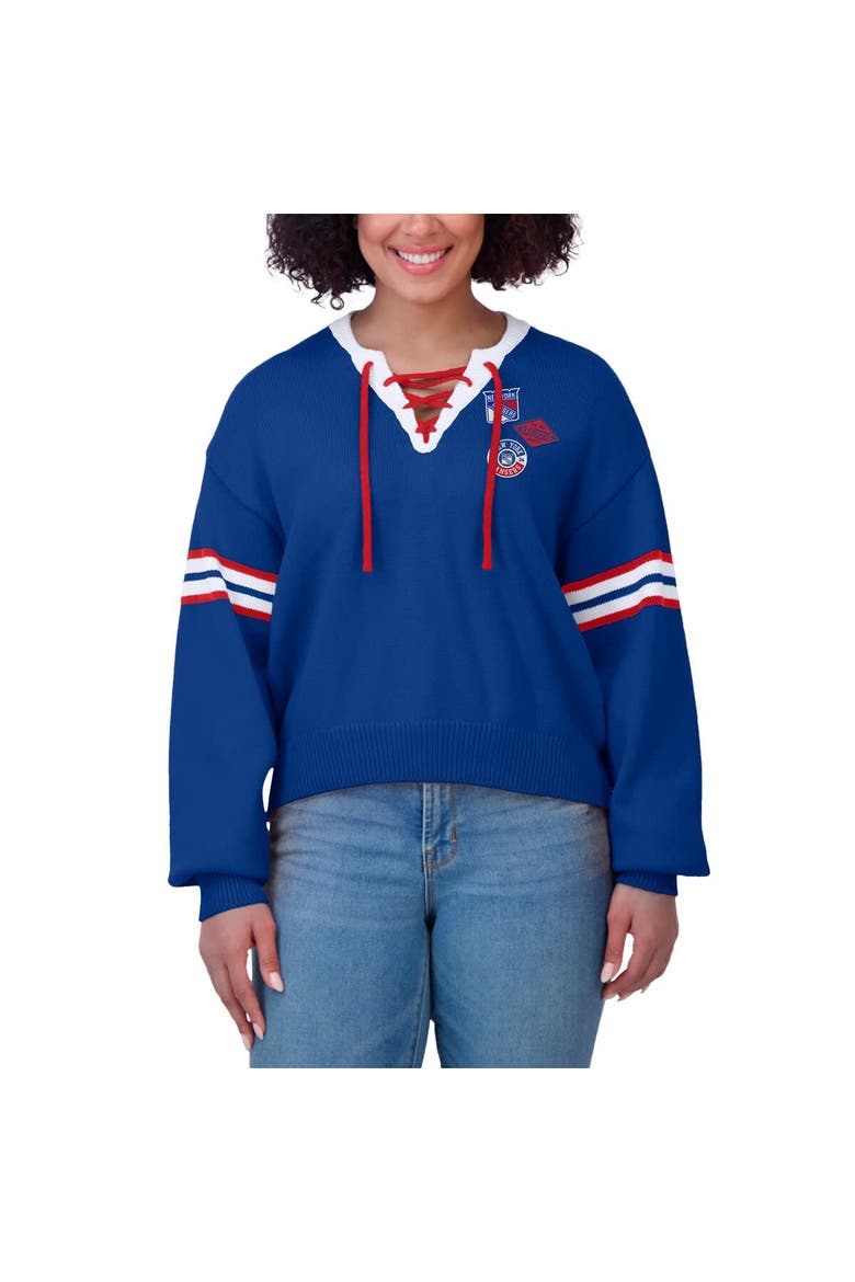 Women's WEAR by Erin Andrews  Blue New York Rangers Cropped Lace-Up Sweater, Alternate, color, Blue