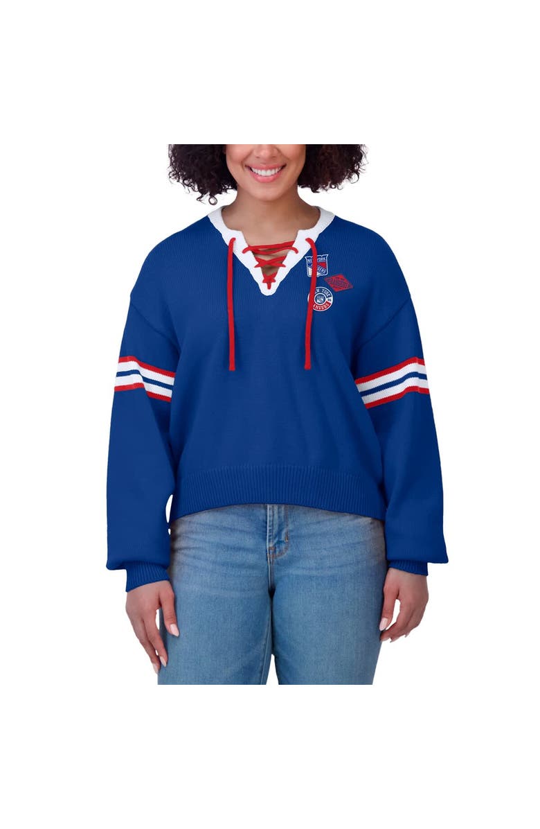 WEAR by Erin Andrews Women's WEAR by Erin Andrews Blue New York Rangers Cropped Lace-Up Sweater, Alternate, color, Blue