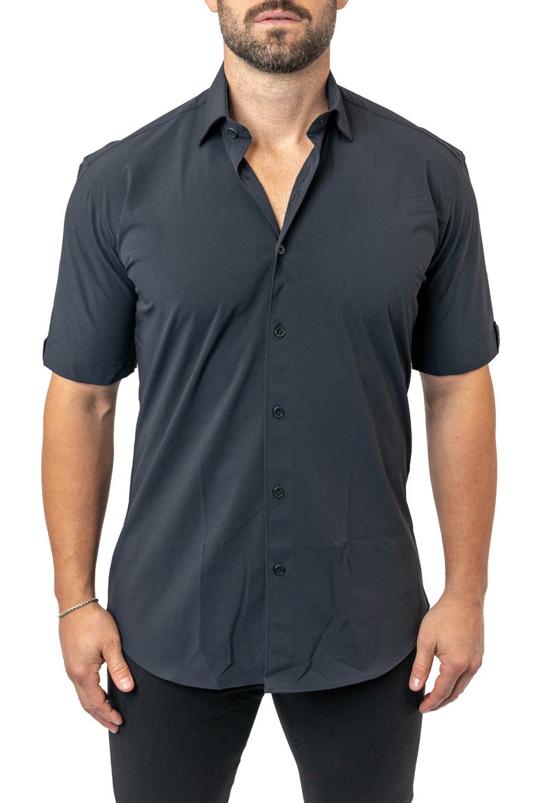 Galileo Stretchcore Short Sleeve Performance Button-Up Shirt, Main, color, BLACK
