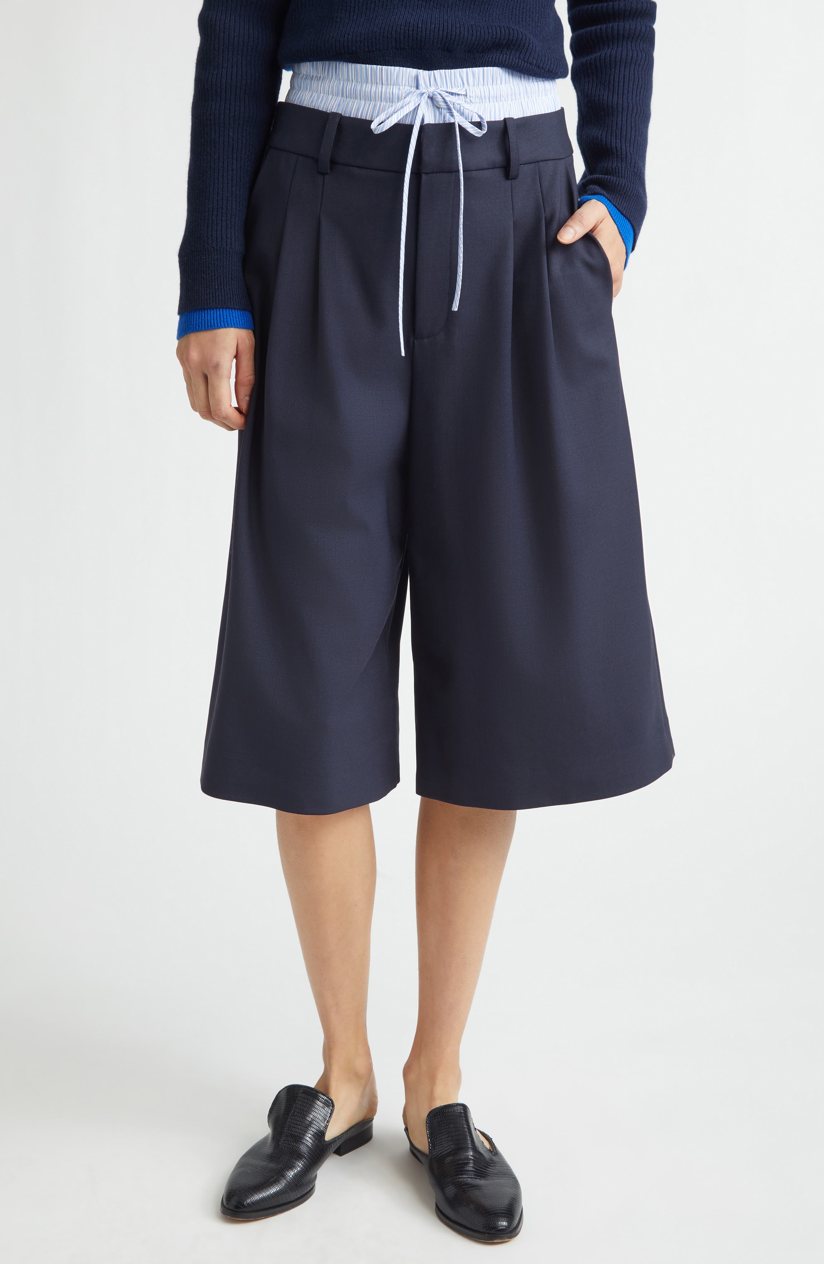 Double Waistband Stretch Wool Culotte Pants