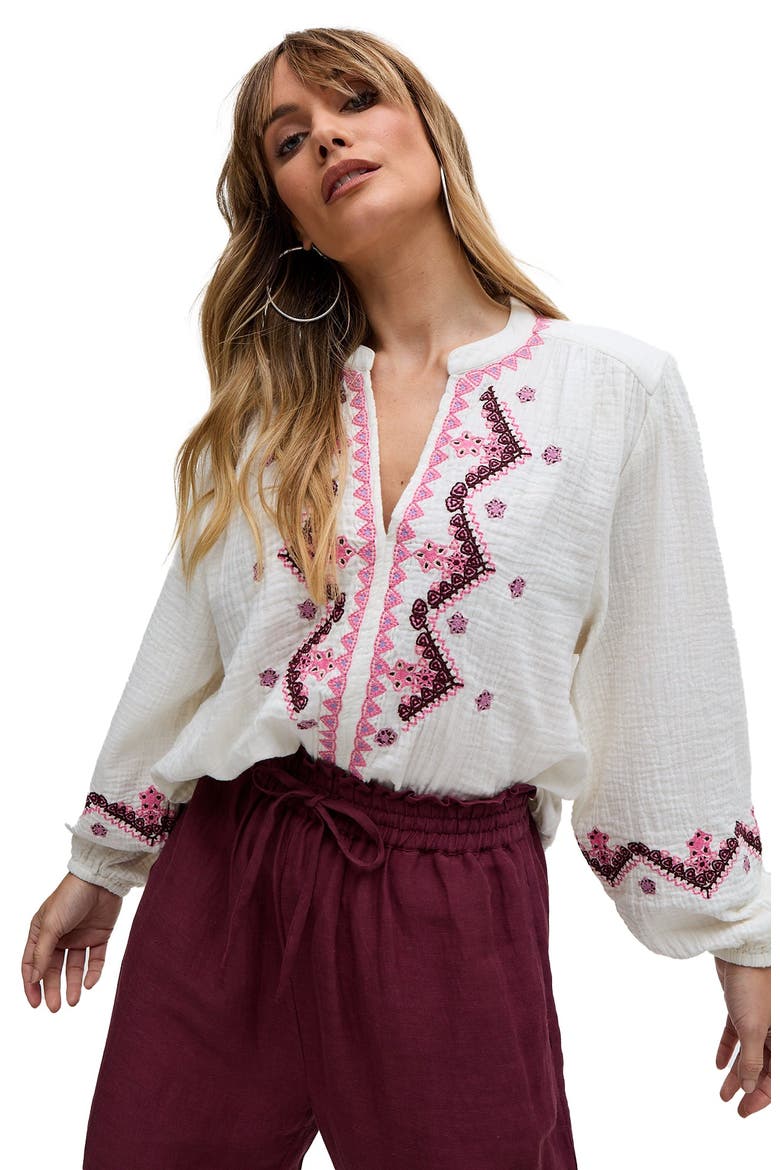 Dina V-Neck Embroidered Blouse, Main, color, White