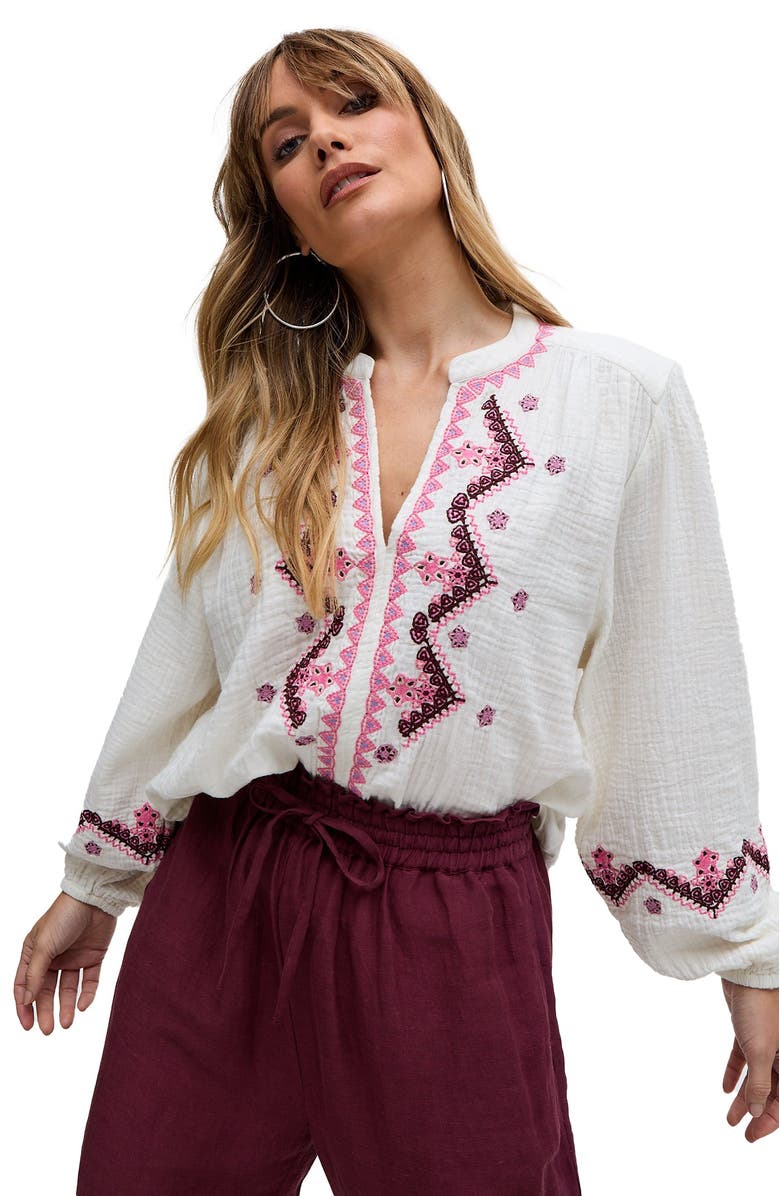Raffya Dina V-Neck Embroidered Blouse, Main, color, White