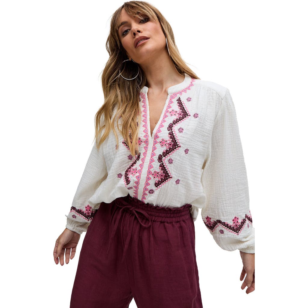 Raffya Dina V-neck Embroidered Blouse In White