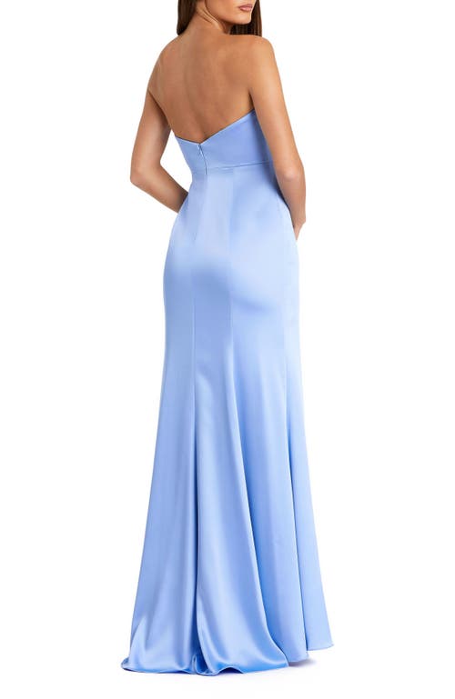 Mac Duggal Strapless Satin Column Gown With 3d Flower In Ice Blue