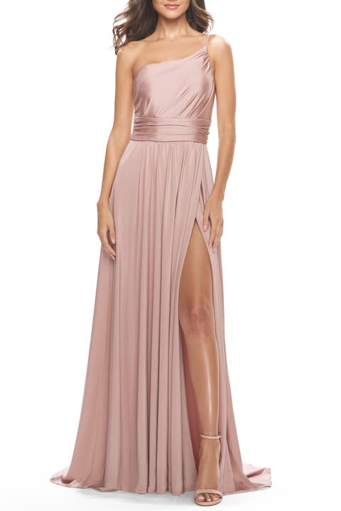 Chic One Shoulder Long Jersey Gown with Defined Waist
