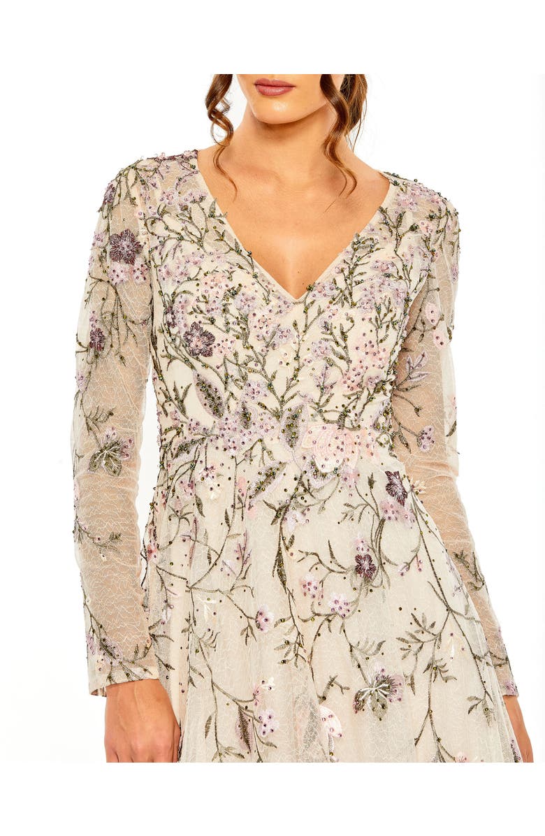 Mac Duggal Women's V Neck Long Sleeve Embroidered A Line Gown, Alternate, color, Blush