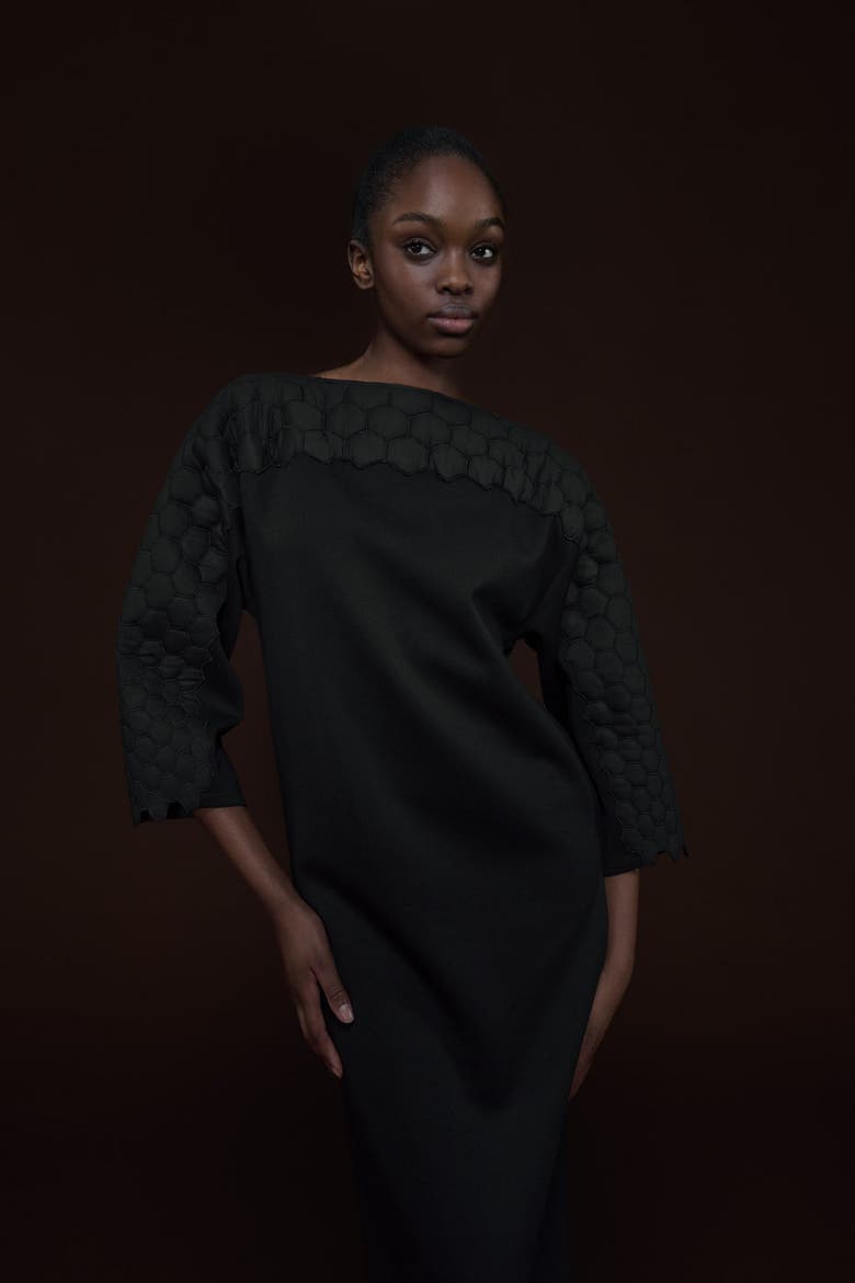 Quilted Embroidered Dress, Alternate, color, Black