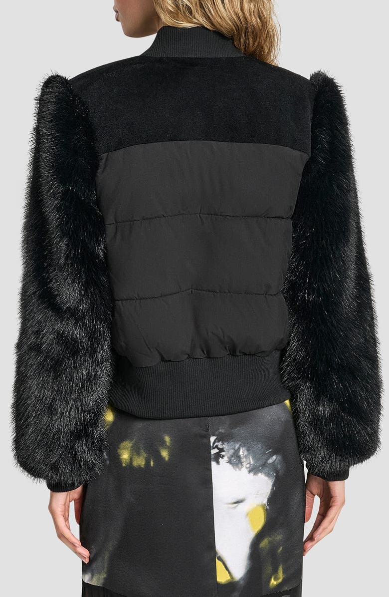 DKNY Crop Faux Fur Sleeve Bomber Jacket, Alternate, color, Black