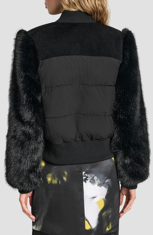 Dkny Crop Faux Fur Sleeve Bomber Jacket In Black