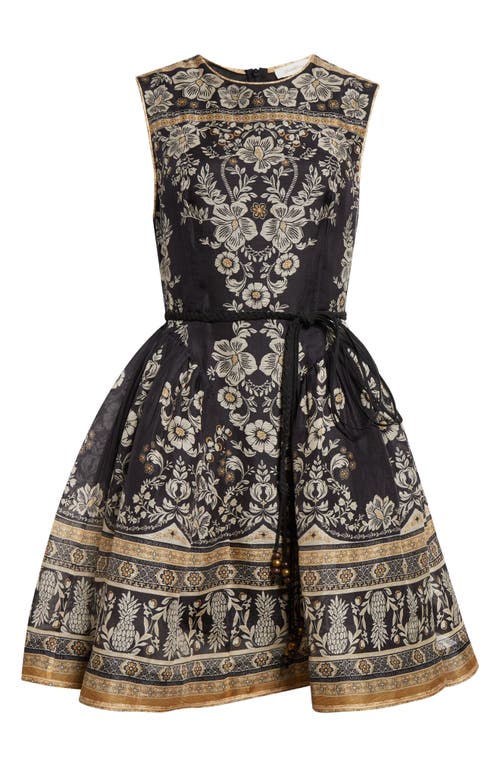 Shop Zimmermann Balance Belted Linen & Silk Fit & Flare Dress In Black Stamp