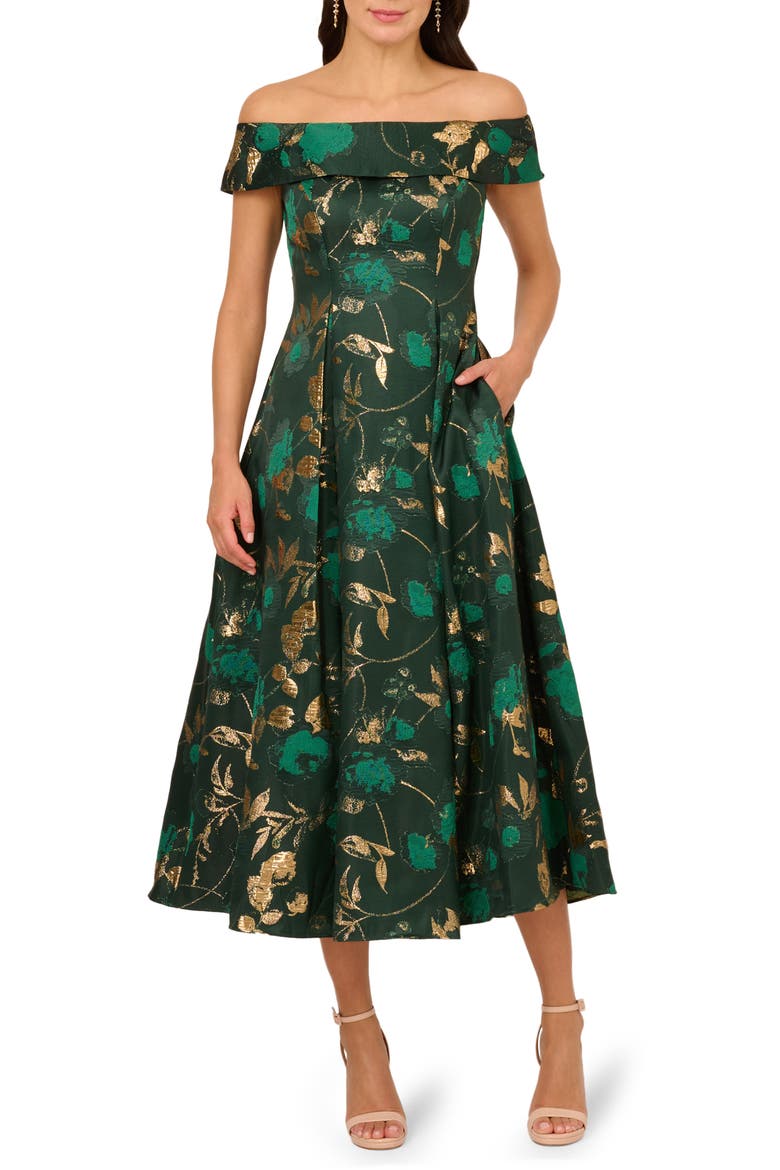 Off the Shoulder Fit & Flare Cocktail Dress, Main, color, HUNTER/ GOLD