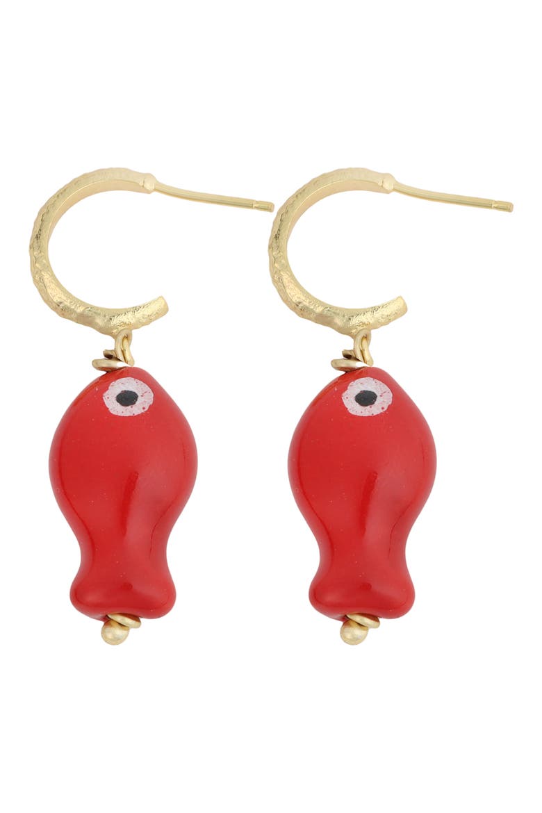 Fish Drop Hoop Earrings, Main, color, RED