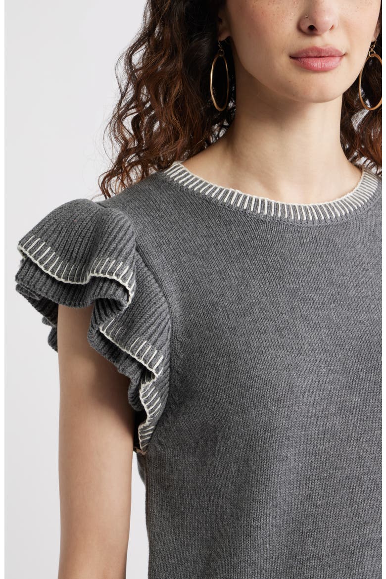 Flutter Sleeve Cotton Sweater, Alternate, color, GREY CHARCOAL HEATHER